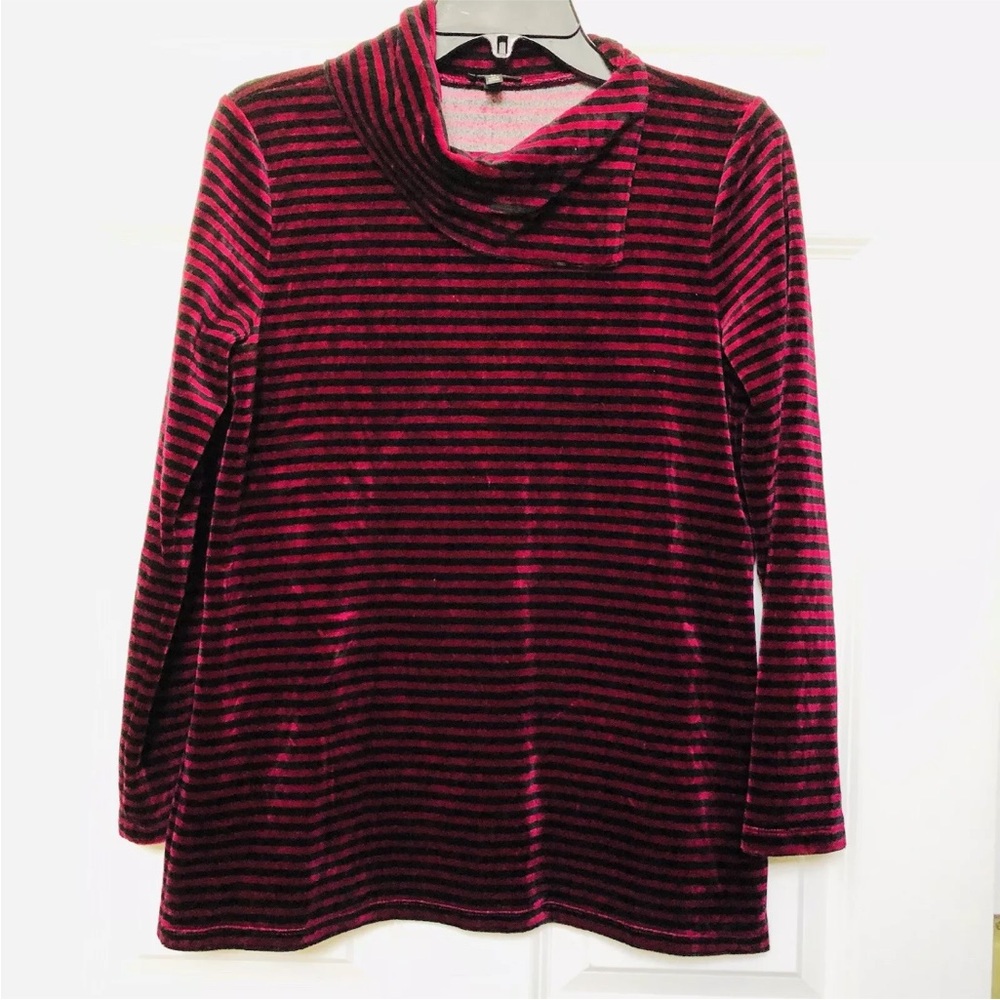 TALBOTS PETITE S WOMEN'S TOP/SWEATER STRIPE BLACK/BURGANDY VELOUR TURTLENECKps2